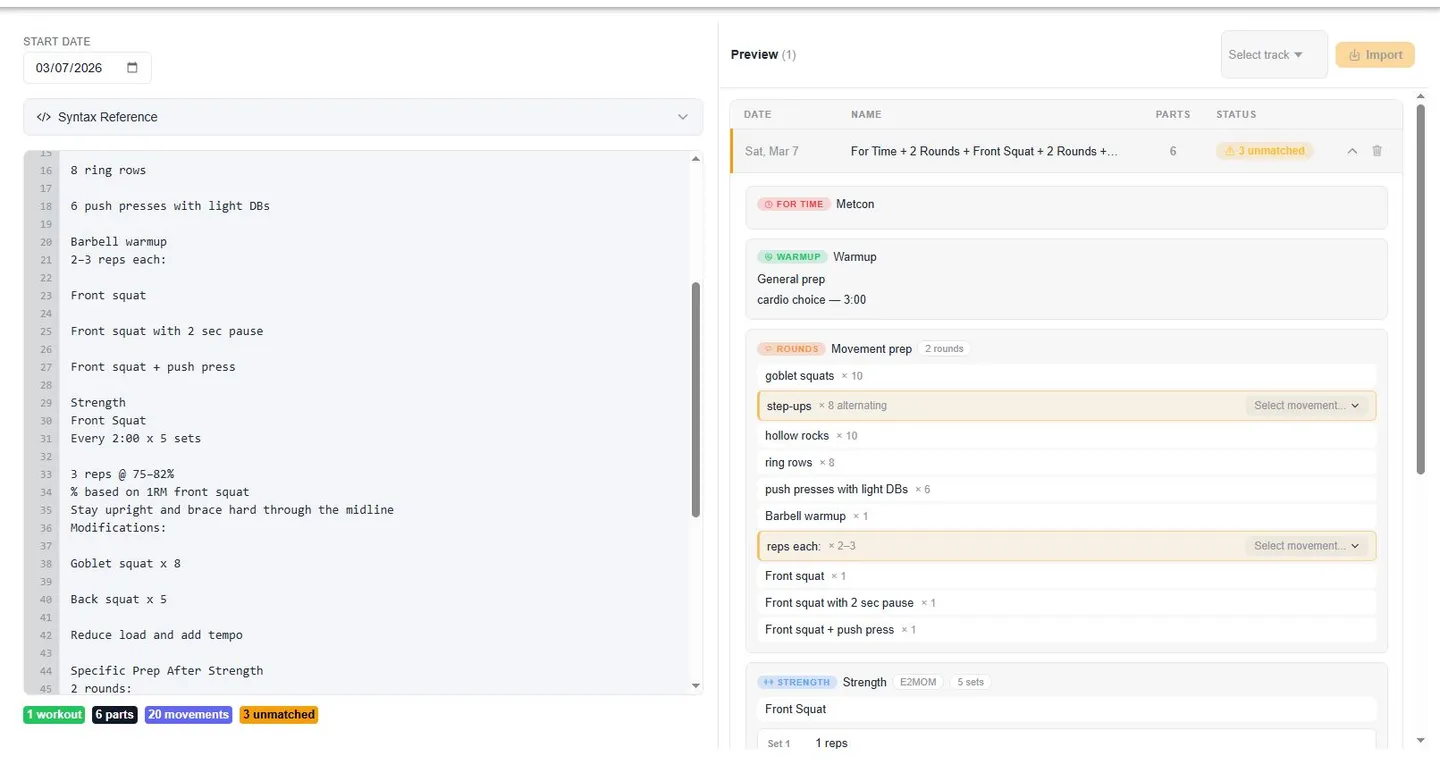 AI workout parser turning pasted coach notes into structured parts with movement matching