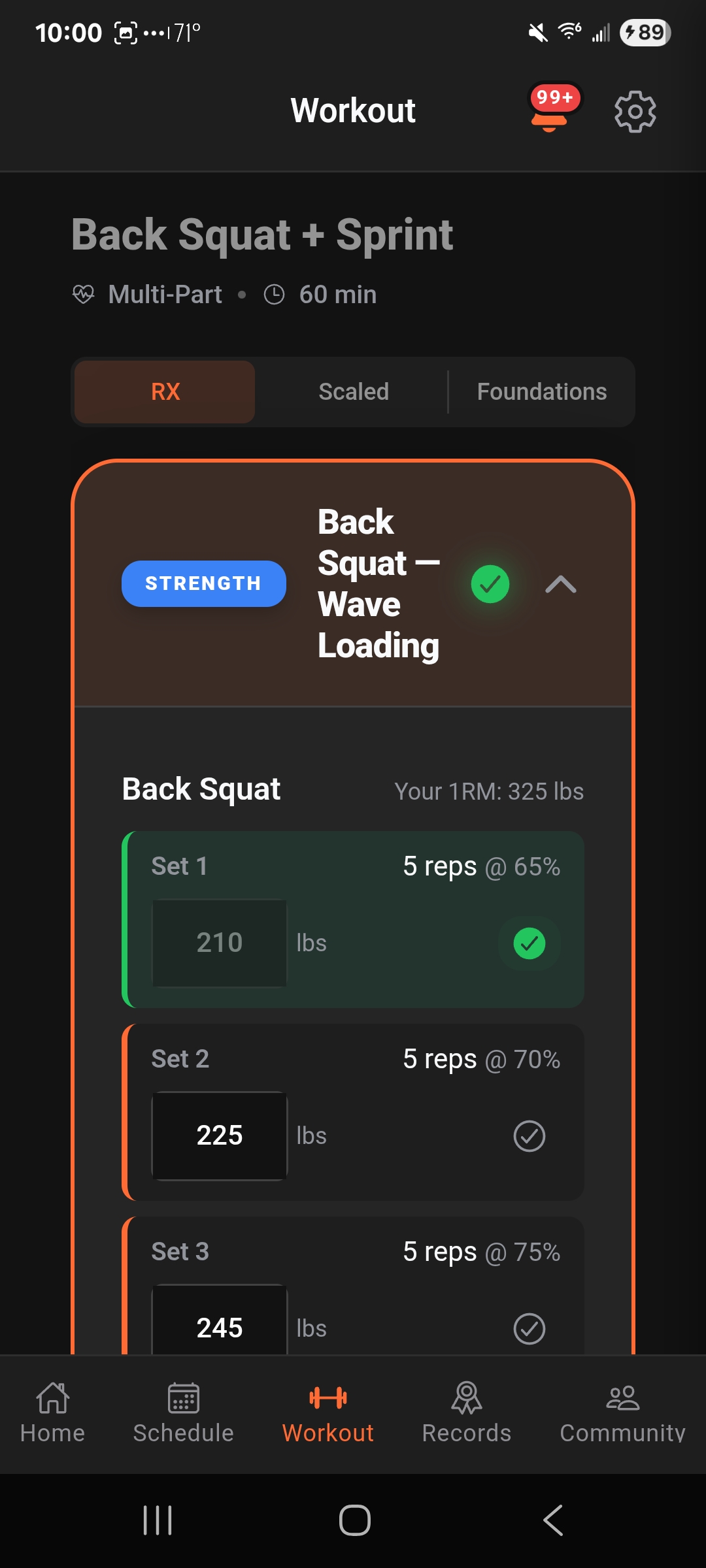 Bastion mobile workout screen showing back squat percentages logged with athlete-specific weights