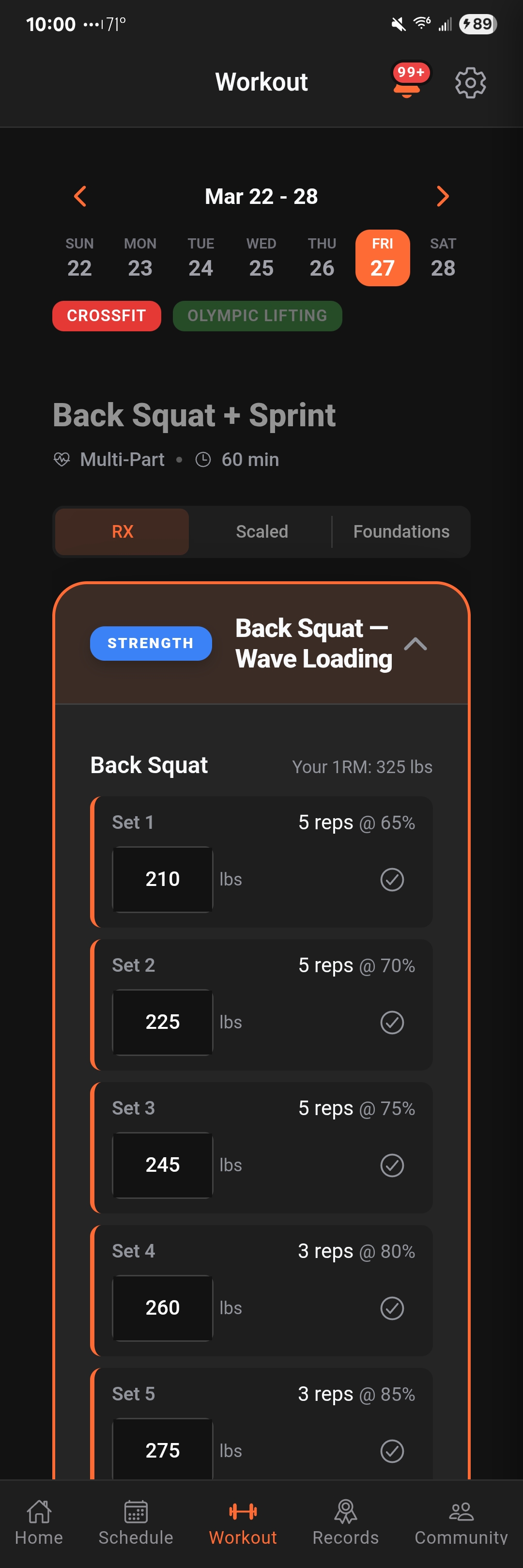 Bastion mobile workout screen showing percentage-based weights auto-calculated as an athlete scrolls