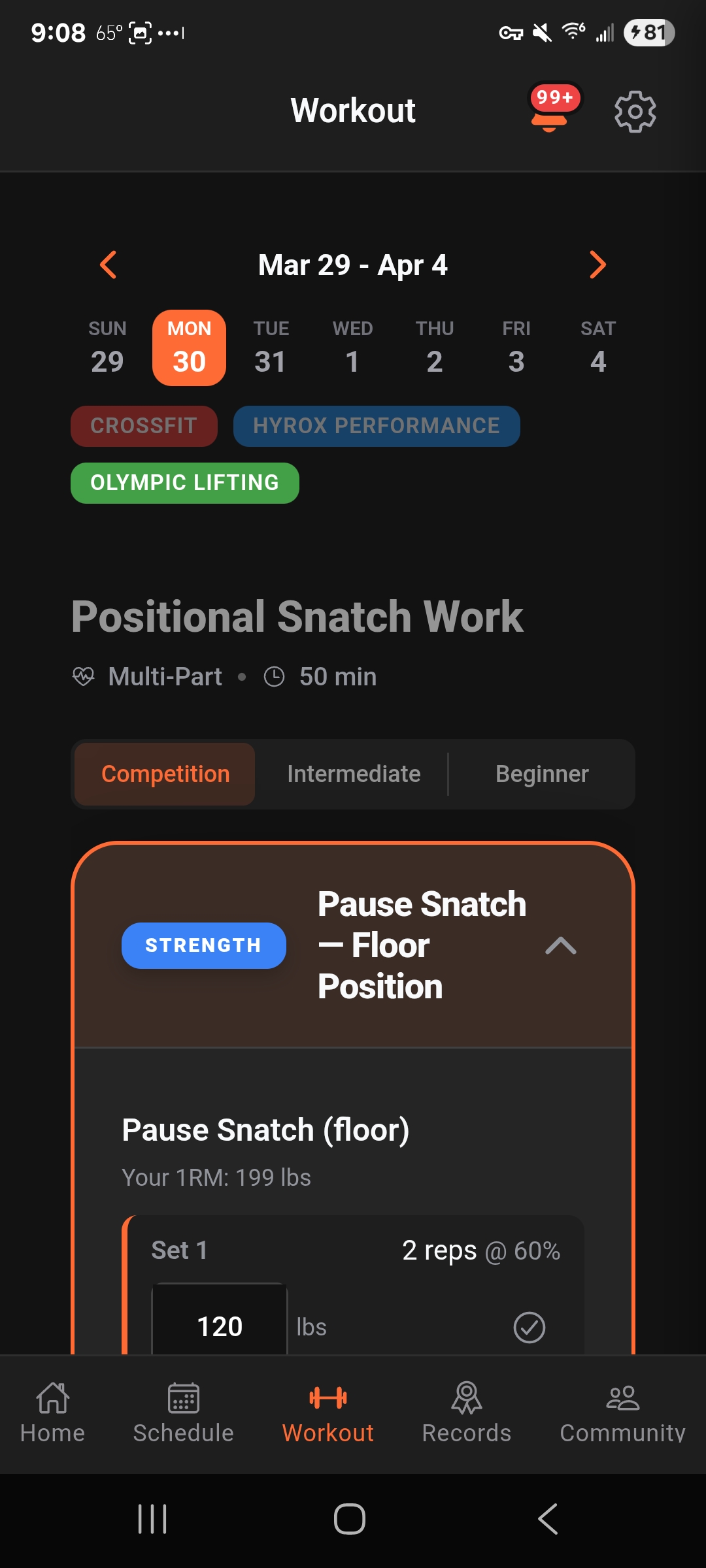 Bastion mobile app showing CrossFit, Hyrox Performance, and Olympic Lifting tracks in one athlete schedule