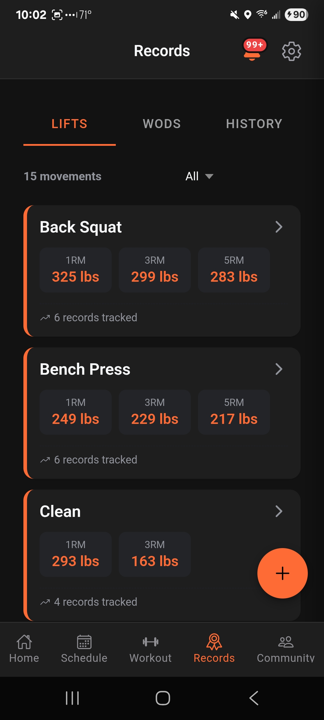 Bastion mobile records screen showing tracked back squat, bench press, and clean personal records