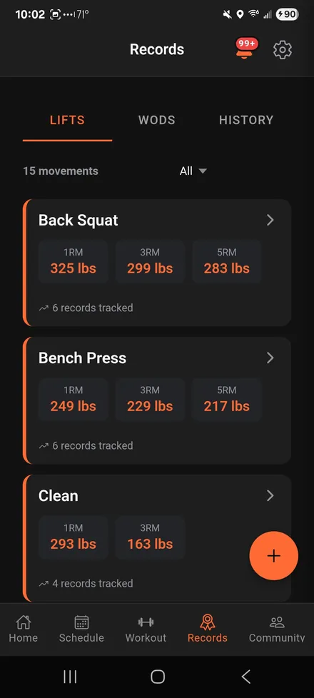Bastion mobile records screen showing tracked back squat, bench press, and clean personal records