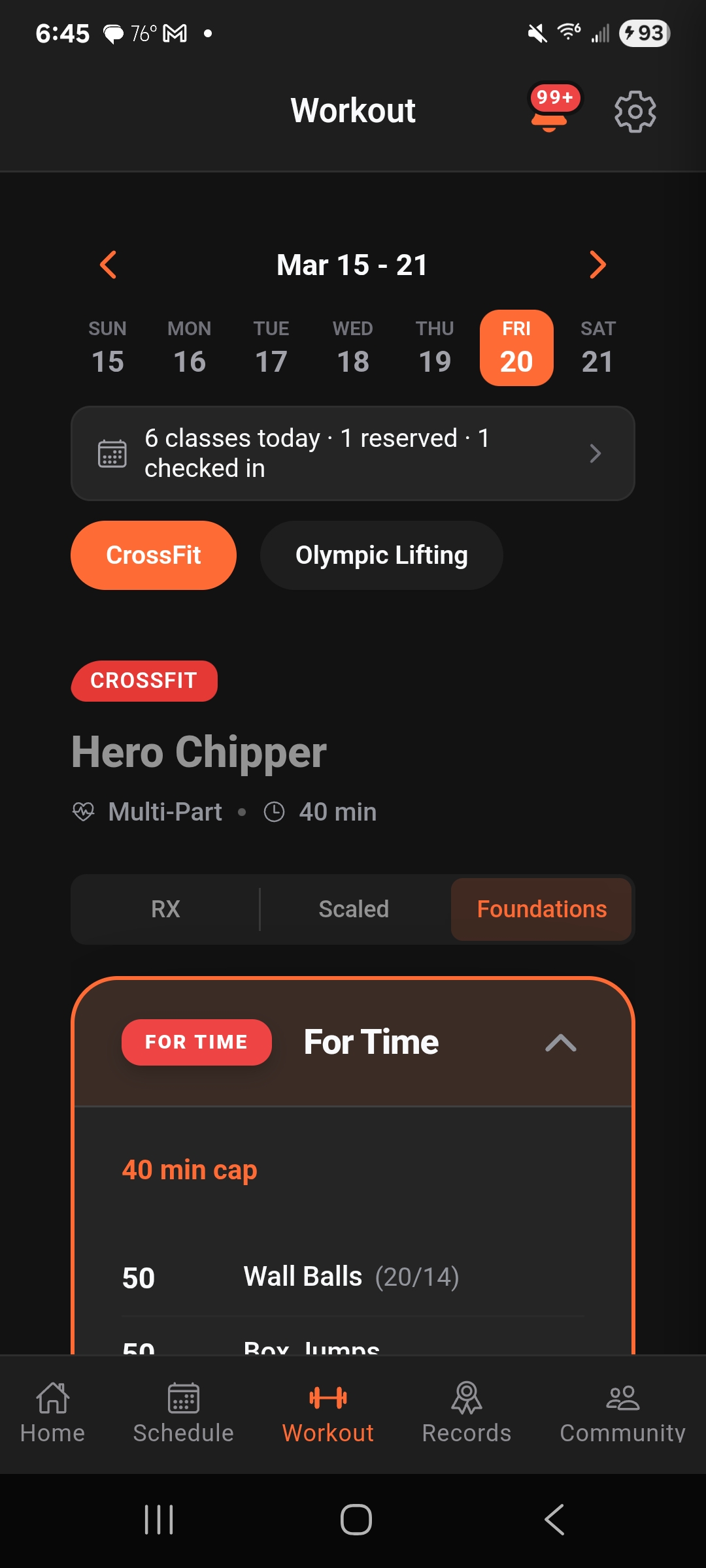 Bastion mobile workout screen showing a CrossFit workout with RX, Scaled, and Foundations options