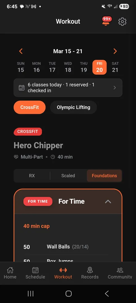 Bastion mobile workout screen showing a CrossFit workout with RX, Scaled, and Foundations options