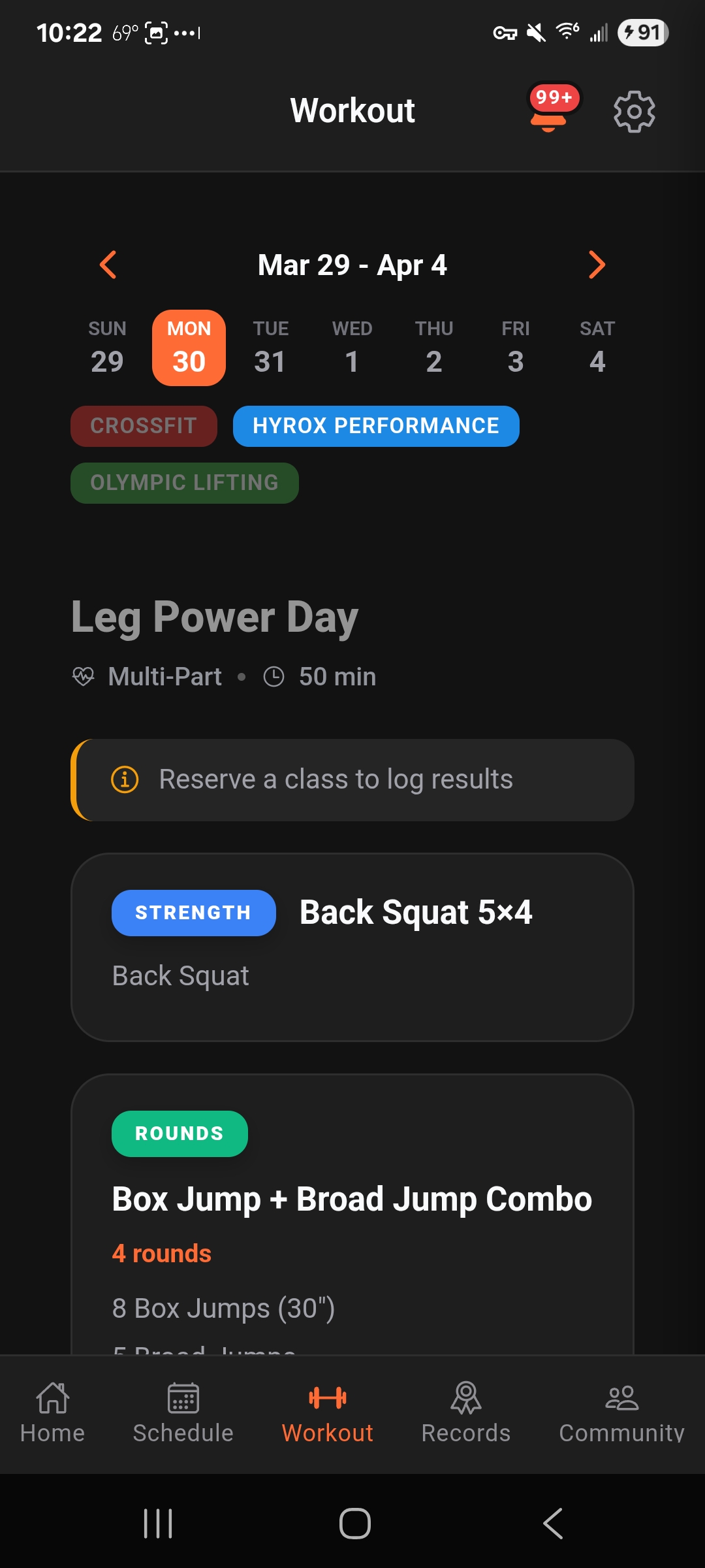 Bastion mobile workout screen showing a multipart workout with separate training sections