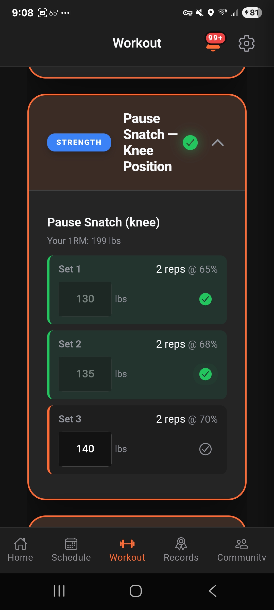 Bastion mobile workout screen showing Olympic lifting work for the snatch