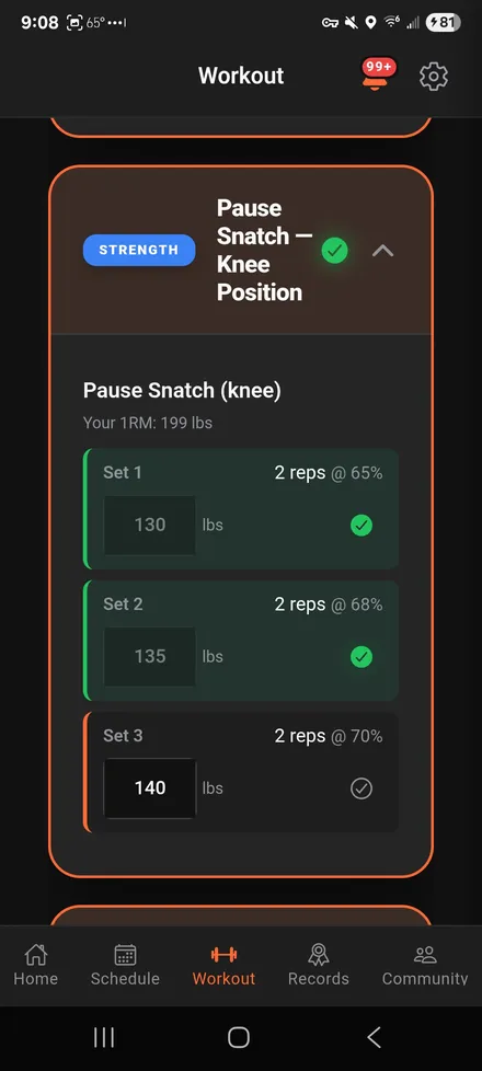 Bastion mobile workout screen showing Olympic lifting work for the snatch