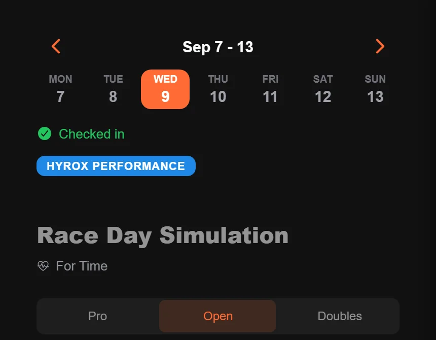 Athlete view of a Hyrox race day simulation with Pro, Open and Doubles division tabs